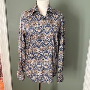 Blue and Brown Geometric Blouse with Long Sleeves